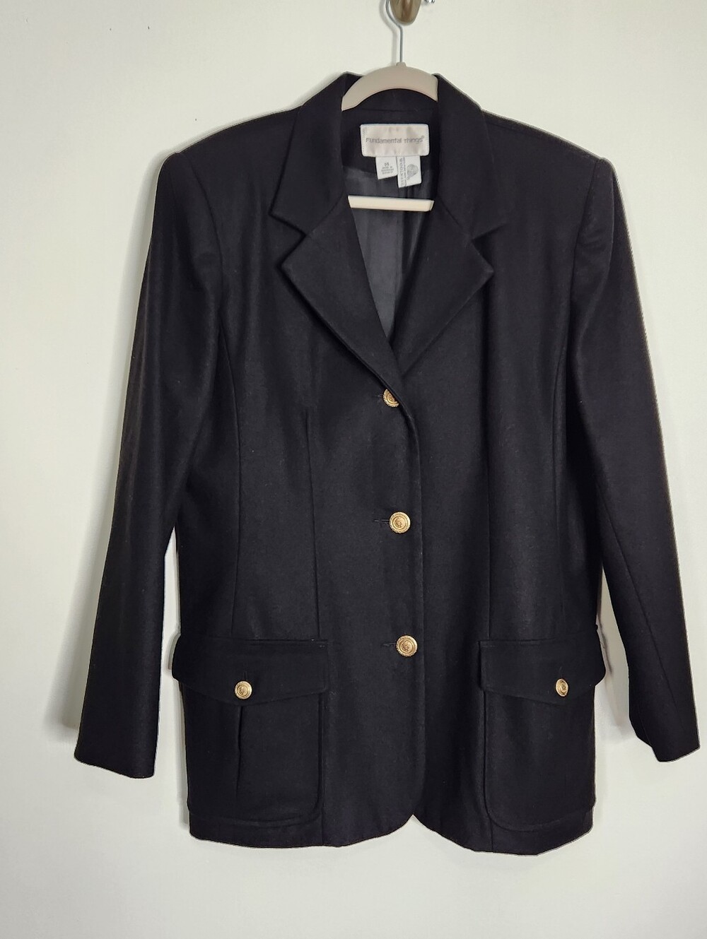 Vintage Fundamental Things Wool Blazer Jacket Womens 14 Black Pleated Gold Btns